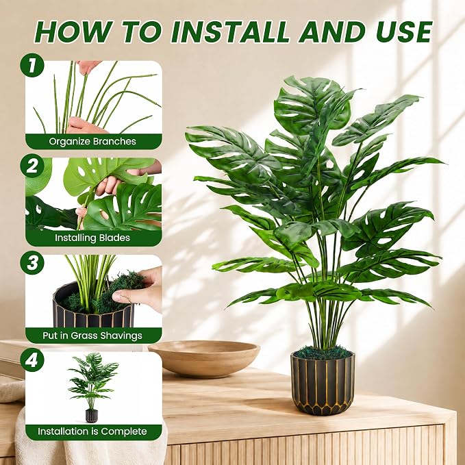 Der Rose 28'' Fake Plants Tall Artificial Monstera Faux Plants Indoor Outdoor - Image 4
