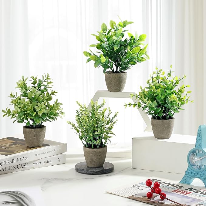 FAVOWREATH 4 Pack Fake Plants Ceramic Mini Artificial Greenery Potted Plants - Image 2
