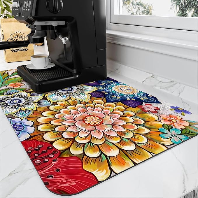 Colorful Boho Floral Coffee Mat Dish Drying Mats by Wakasui