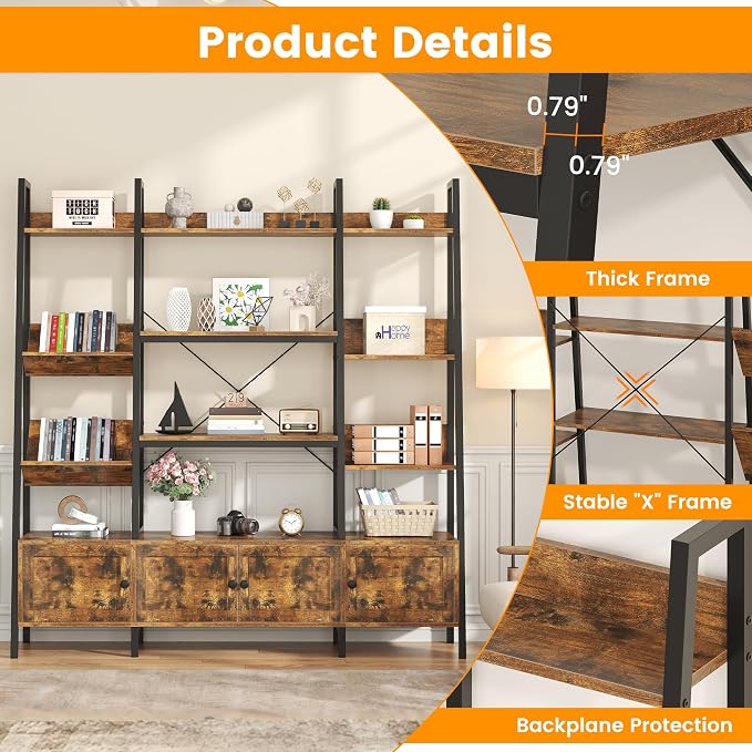 Ladder Bookshelves with 4 Doors, Triple Wide 4-Tier Large Open Bookshelf with - Image 8