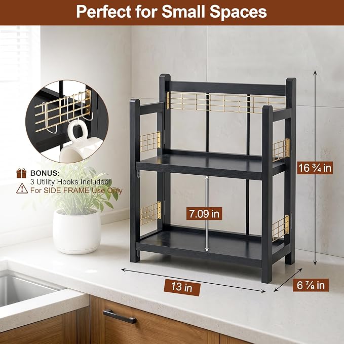 No-Assembly Coffee Bar Organizer, 2-Tier Coffee Station Shelf | Foldable Oak - Image 4