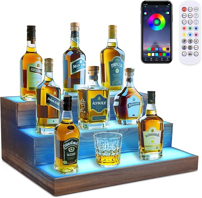 3 Tier Wine Rack with Light LED Liquor Bottle Display Case Acrylic Illuminated by BEARUT