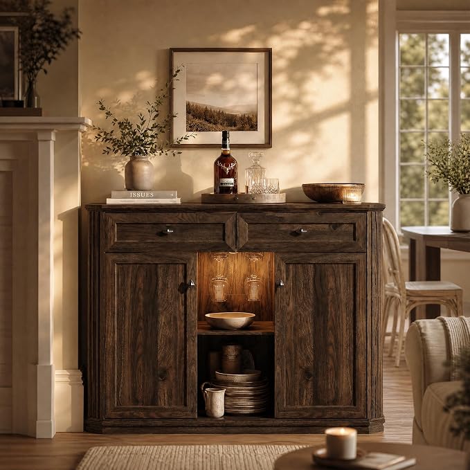 Walnut Coffee Bar with 2 Drawers & 2 Doors, LED Wine Bar Cabinet with Wine - Image 7