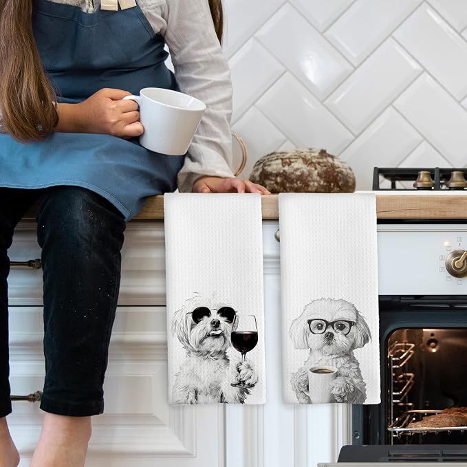 Funny Maltese Kitchen Towels Set of 2, Funny Dog Kitchen Accessories, Coffee - Image 3