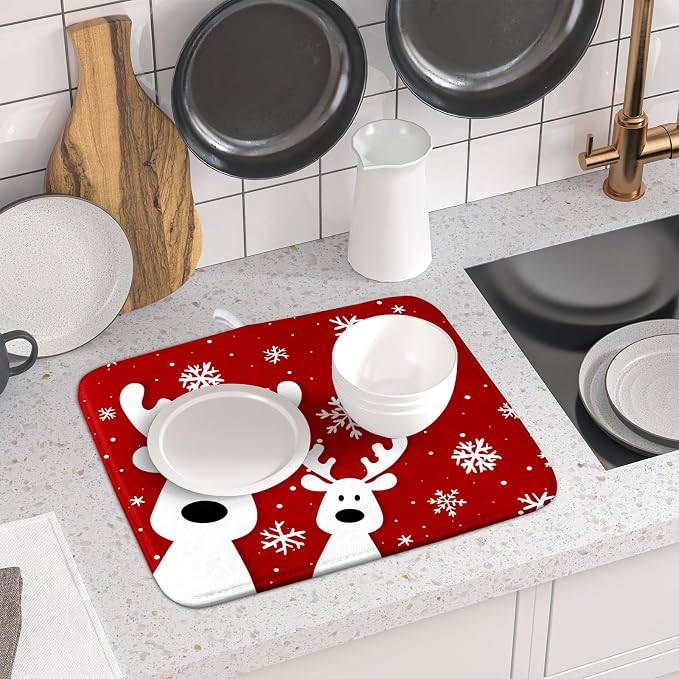 Christmas Reindeer Dish Drying Mats 16x18 Inch, Xmas Funny Deer Red Absorbent - Image 6