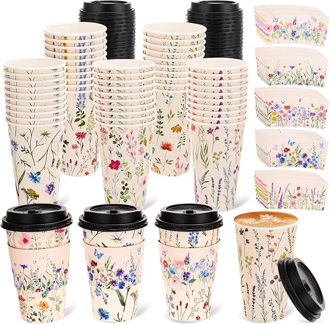 50 Pack 16Oz Vintage Floral Disposable Coffee Cups by Ovveroche