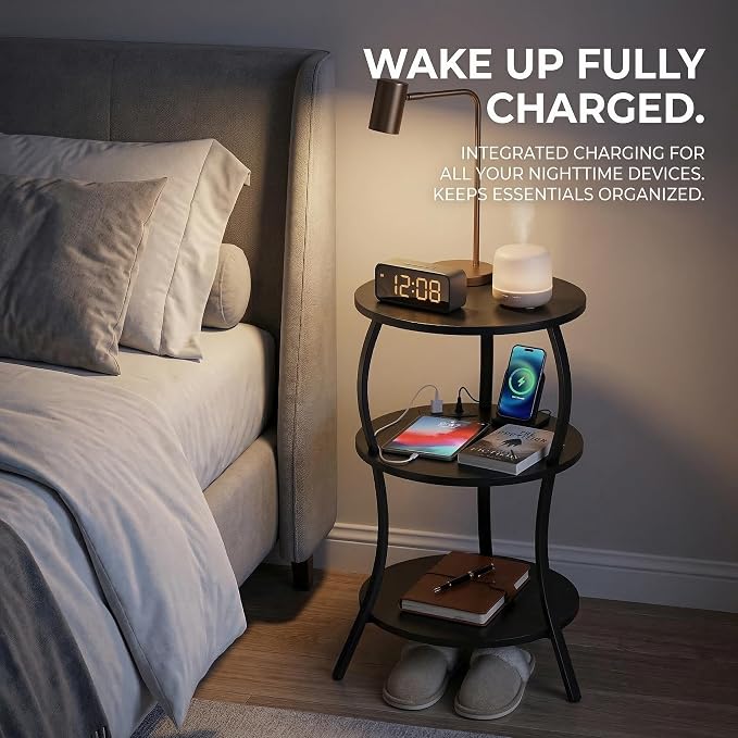Small Round Side Table with Charging Station, 3-Tier Waist Circular End Table - Image 4