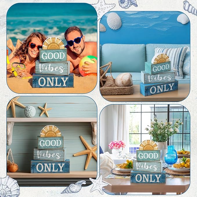 Lineshading 4 Pcs Beach Themed Table Decor Good Vibes Only Wood Block Sign - Image 6