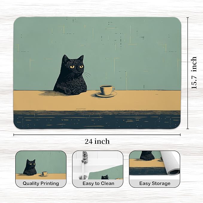 Black Cat Dish Drying Mat, Cat Lover Gifts, Vintage Cats Drinking Coffee Black - Image 3