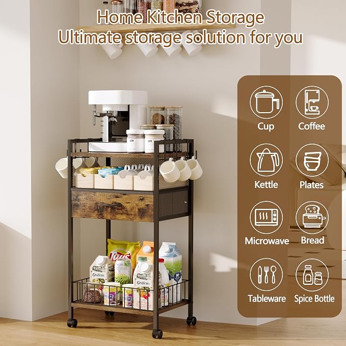 Small Coffee Bar Cart with Drawer Srorage, Office Coffee Bar Station Organizer - Image 3