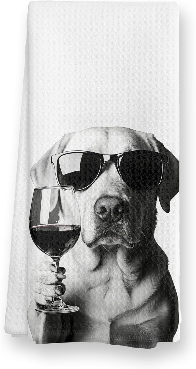 Funny White Labrador Wine Kitchen Towels, Cute Dog Tea Towels, Dog Lover Gifts by TopXmai