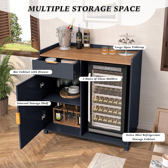 Coffee Bar Cabinet with Fridge Space&Fluted Door, Mini Fridge Cabinet with Wine - Image 4