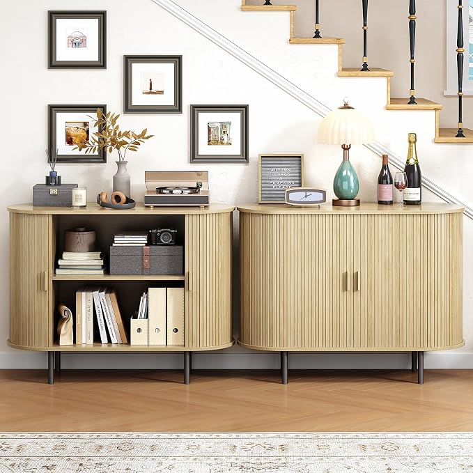 Buffet Cabinet with Storage, Fluted Sideboard Buffet with Sliding Door - Image 5