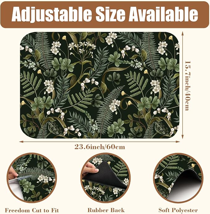 White Flowers and Berries Coffee Mat Fern and Leaves Dish Drying Mat Absorbent - Image 2