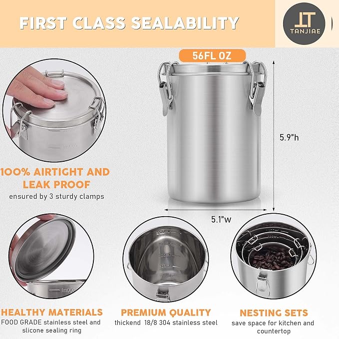 Tanjiae Stainless Steel Coffee Canister | 100% Airtight Metal Food Storage - Image 2