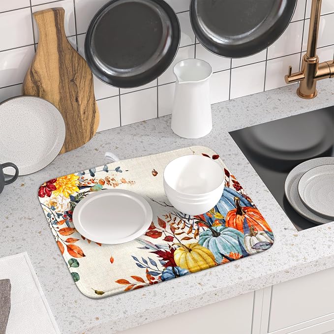 Giwawa Fall Dish Drying Mat for Kitchen Countertop, Watercolor Autumn Teal Blue - Image 6