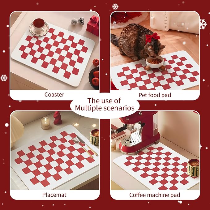 Red Dish Drying Mat Hide Stain Coffee Bar Mat Fast Dry Modern Checkered Kitchen - Image 7