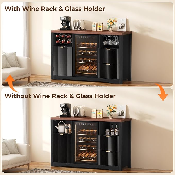 Coffee Bar Cabinet with Fridge Space, Wood Buffet Sideboard Table, Fluted - Image 8
