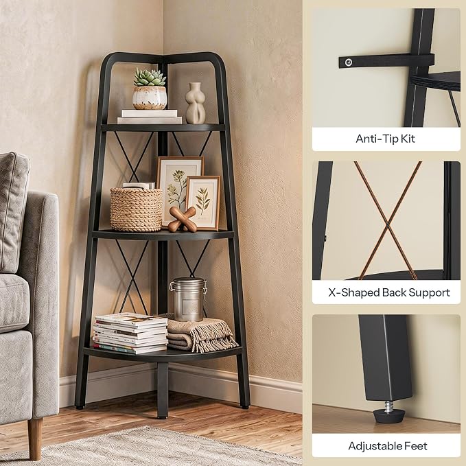 HOOBRO Corner Shelf, 3-Tier Corner Shelf Stand, Industrial Corner Display Shelf - Image 5