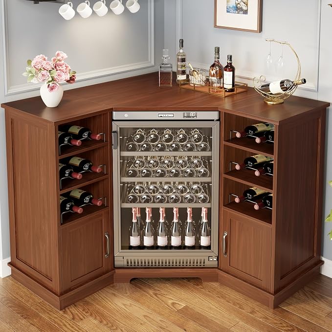 HSH Corner Bar Cabinet with Mini Fridge Space, Modern Wood Bar Cabinet with by HOMESWEETHOME