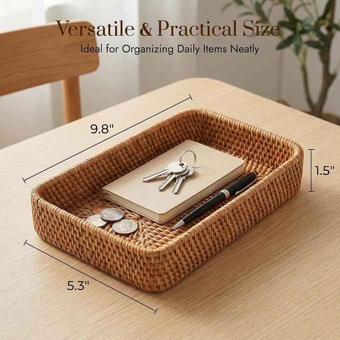 9.8" x 5.3" Rattan Tray, Wicker Decorative Tray, Woven Tray Rectangular - Image 2