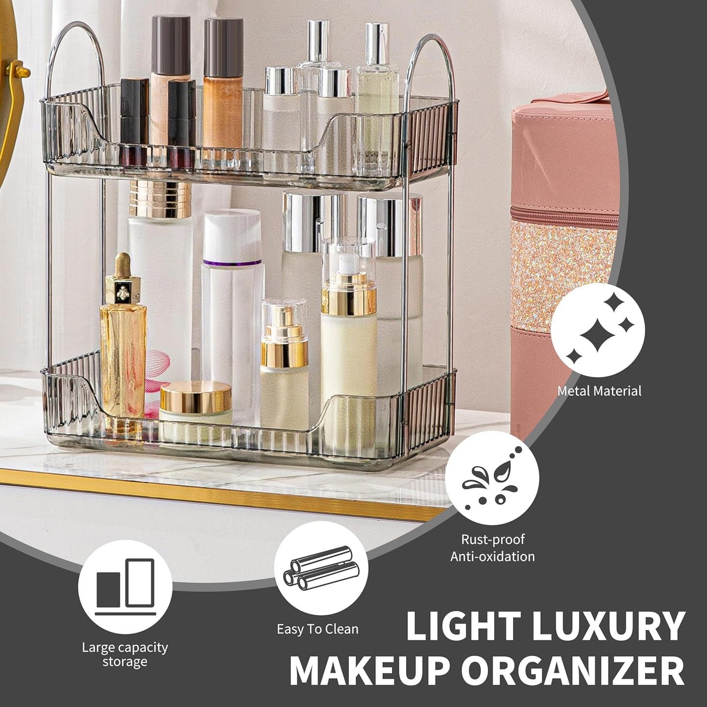 YCIA&DONE Bathroom Organizer Countertop, Makeup Storage, Skincare Cosmetic Tray Shelf, Perfume Holder Rack for Vanity Counter, Large Capacity, Easy to Install, Clean, 2 Tiers, Smoky Gray