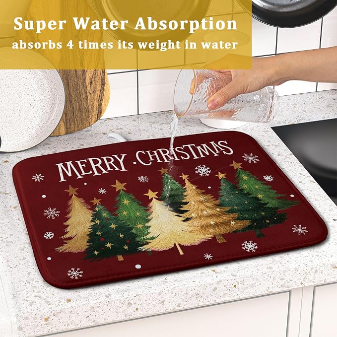 Xmas Tree Red Dish Drying Mat for Kitchen Counter, Winter Snowflake Drying Mat - Image 7