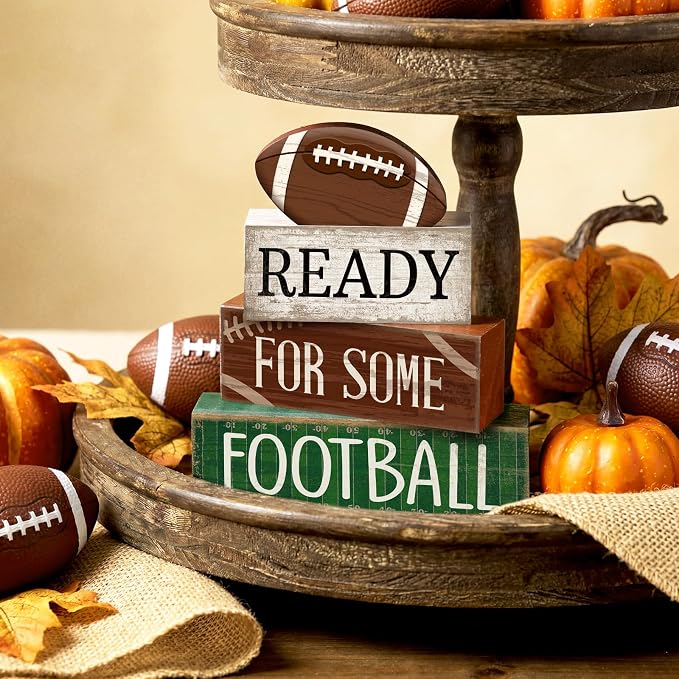 Yuntau 4 Pcs Football Fall Table Decoration Happy Football Wooden Block Sign - Image 7