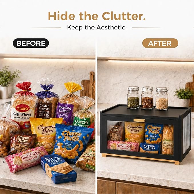 MinBoo Black Bamboo Bread Box for Kitchen Countertop - Image 3
