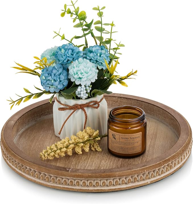 Hanobe Round Wooden Tray Decor: Decorative Candle Plate Holder Tray by Hanobe