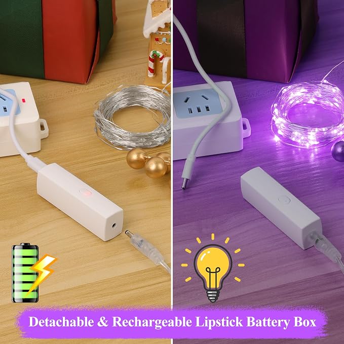 Lakumu 16FT Purple Fairy Lights, Rechargeable Battery Operated String Lights - Image 3