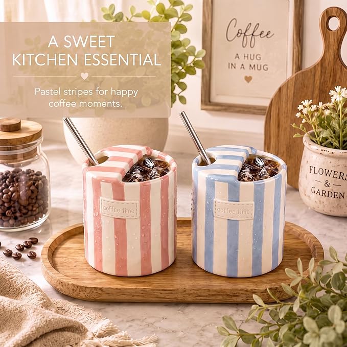 2 Pack Ceramic Coffee Mug with Sip Hole Espresso Cup 10oz with Straws Retro - Image 5