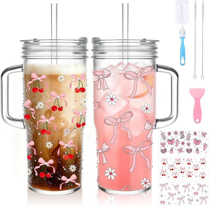 Birity 24oz Pink Bow Glass Cups by 24ozRibbedGlassCup