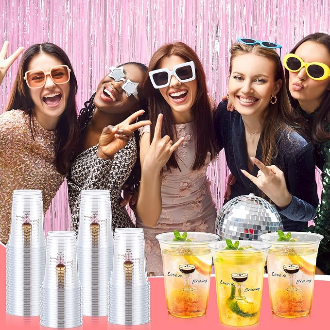 100 Pcs Wedding Plastic Cups Bulk 16 oz Clear Disposable Love Is Brewing Cups - Image 4
