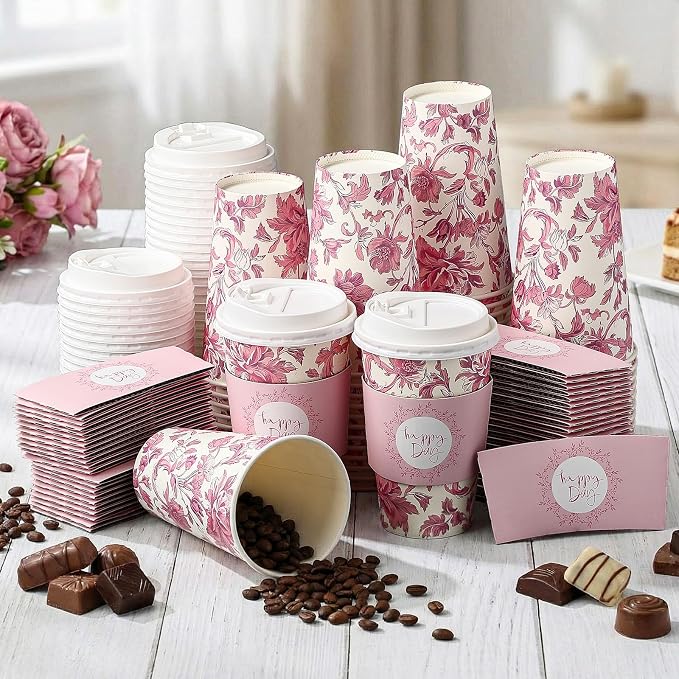 Lallisa 50 Pack 16oz Pink Floral Disposable Coffee Cups - Image 5