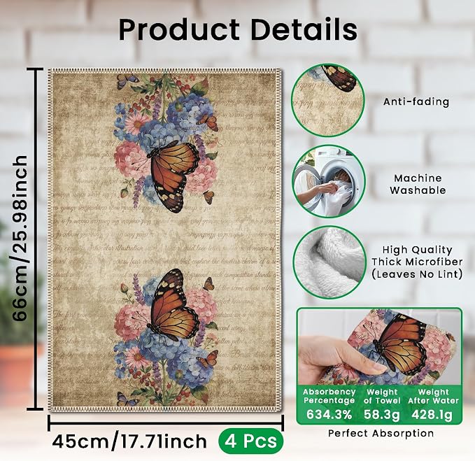 CUTHOLLOW Retro Butterfly and Flower Decorative Kitchen Towels Set of 4 - Image 2