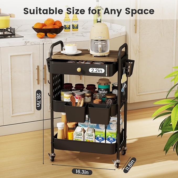 danpinera 3-Tier Rolling Cart, Metal Rolling Storage Cart - Image 2