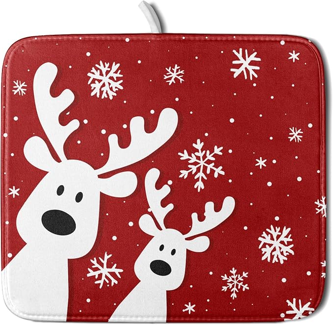 Christmas Reindeer Dish Drying Mats 16x18 Inch, Xmas Funny Deer Red Absorbent by Kawani