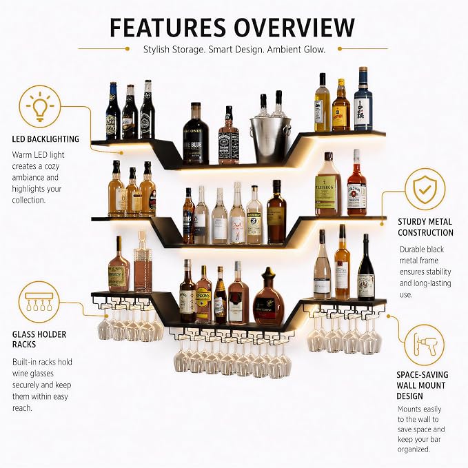 Wall Mounted Wine Rack with LED Lights, 3-Tier Floating Bar Shelves, Hanging - Image 6