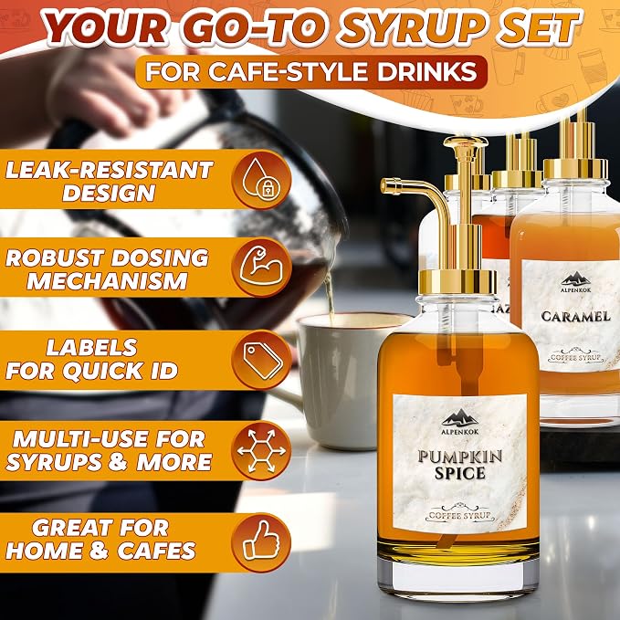Set of 4 Glass Syrup Bottles for Coffee Bar – 16.9oz 500 ml Coffee Syrup - Image 4