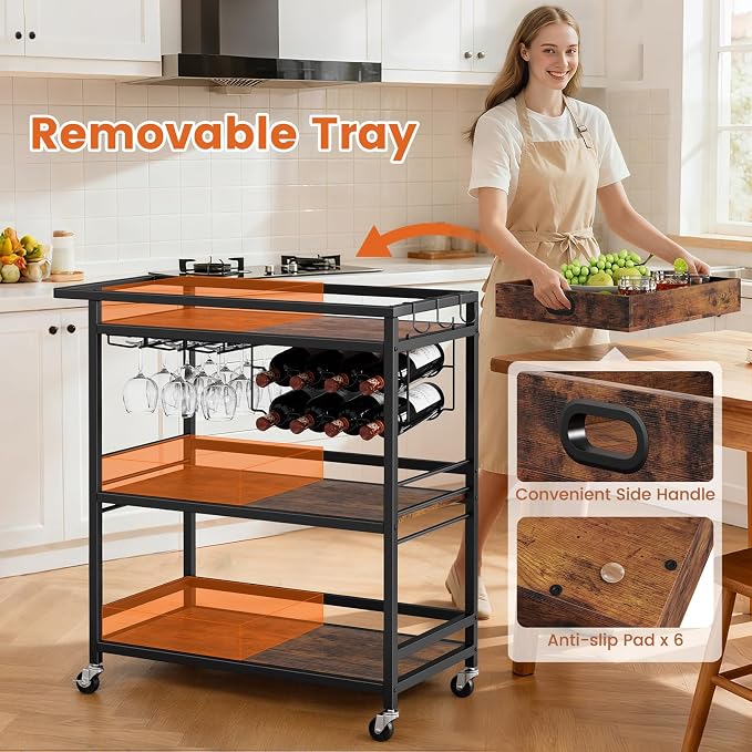 Leteuke Bar Cart for Home, 3 Tier Rolling Serving Carts - Image 4