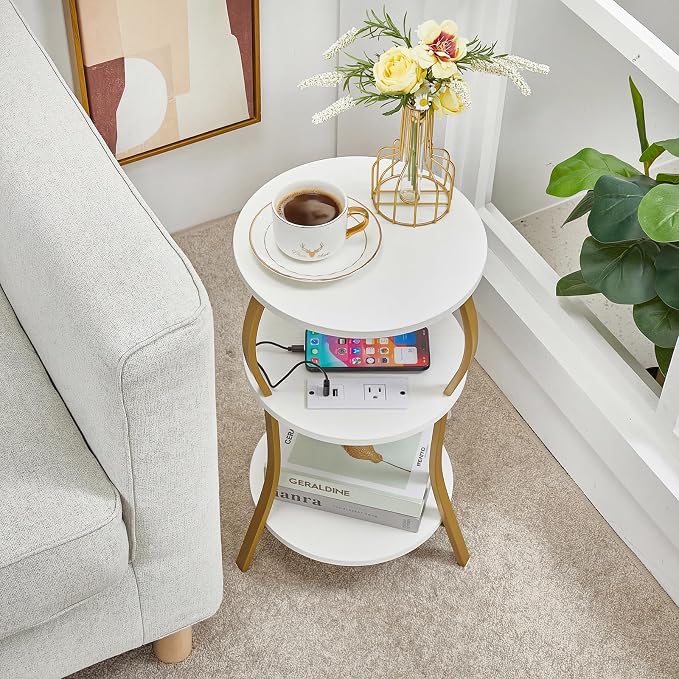 Small Round Side Table with Charging Station, 3-Tier Waist Circular End Table - Image 9