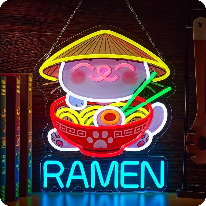 Fortune Cat Ramen Neon Sign Dimmable Japanese Lucky Cat Noodle LED Lights by IMTATTO
