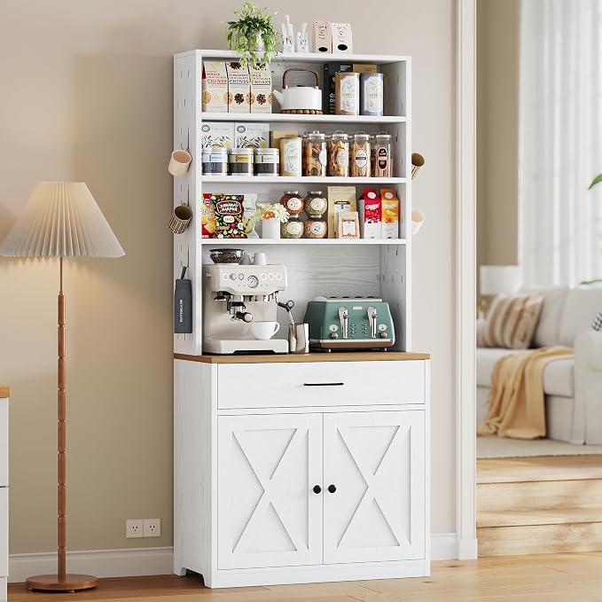 IRONCK Bakers Rack Microwave Stand Storage and Customizable Pegboard, Barn Doors by IRONCK