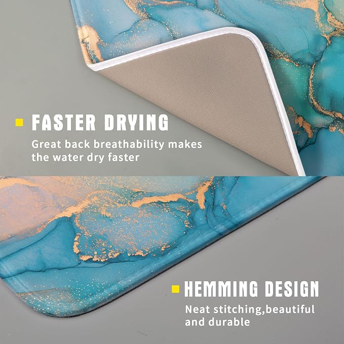 Marble Dish Drying Mat for Kitchen Counter Blue Teal Turquoise Gold Drying Mat - Image 3