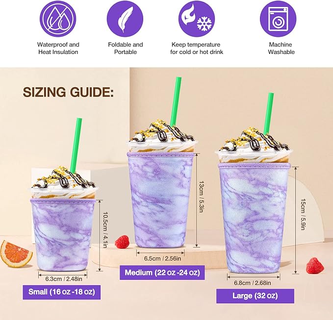 3 Pack Iced Coffee Cup Sleeve for Large Sized Cups, Reusable Neoprene Iced - Image 2