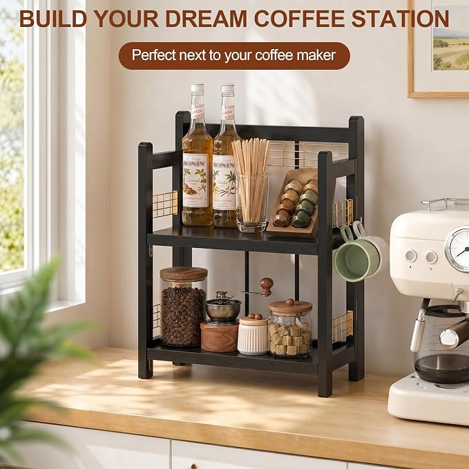 No-Assembly Coffee Bar Organizer, 2-Tier Coffee Station Shelf | Foldable Oak - Image 3