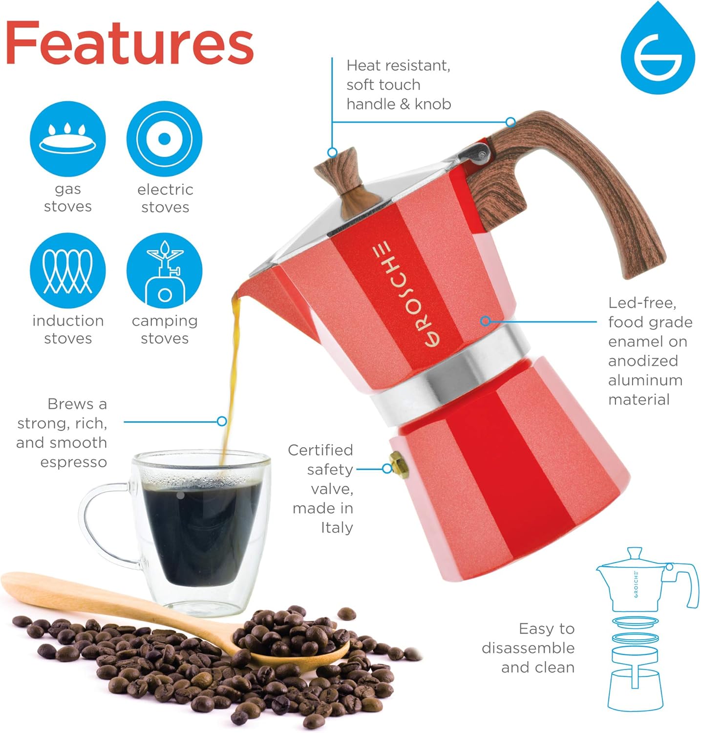 GROSCHE Milano 6 Espresso Cup, 9.3 oz Red Stovetop Espresso Maker - Italian Moka Pot