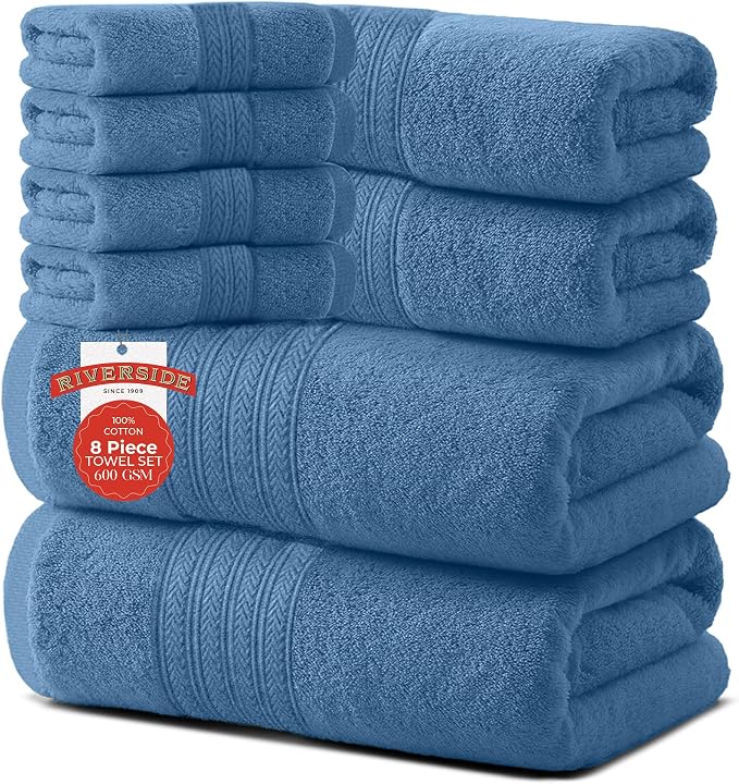 RIVERSIDE Pack of 8 Towels Set, 2 Large Bath, 2 Hand, 4 Face Washcloths by RIVERSIDE
