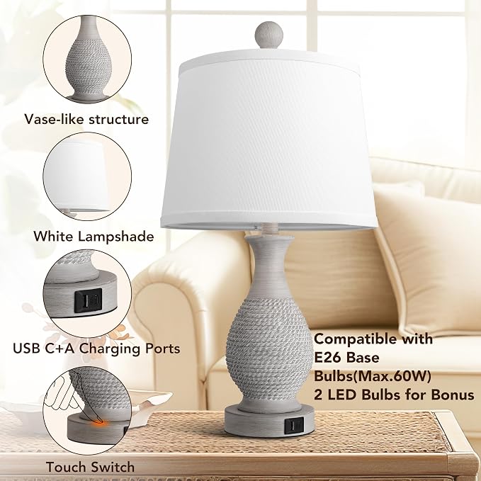 PARTPHONER Traditional Table Lamps Set of 2, Bedside Touch Lamp - Image 5